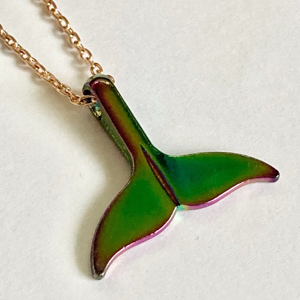 Aqua Green Rainbow Mermaid Whale Tail Necklace Rose Gold Plated 23" Nautical